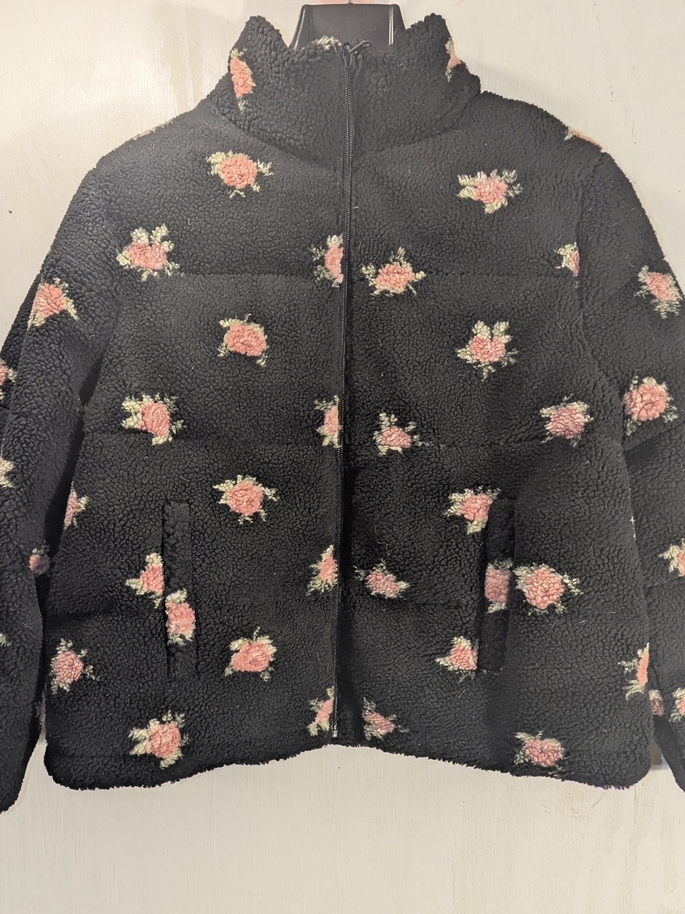 NWT Torrid Black Floral Sherpa Puffer Jacket Hipster Fleece 2X 18-20 Rose